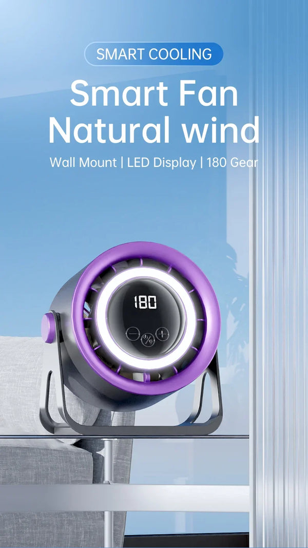 A purple smart fan with an LED display is mounted on a desk, showing 180 degrees of natural wind.