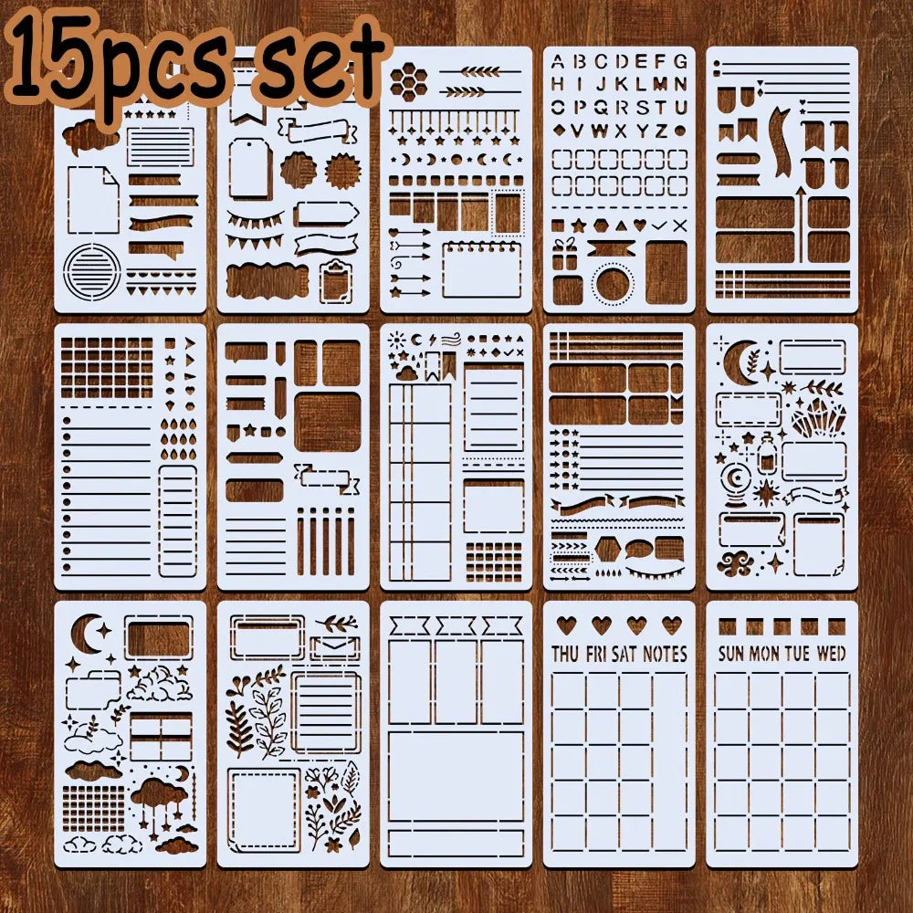 A set of 15 reusable journal and scrapbooking stencils featuring various patterns and designs.