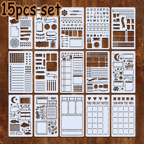 A set of 15 reusable journal and scrapbooking stencils featuring various patterns and designs.