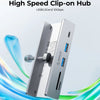 A silver clip-on USB 3.2 Gen 2 hub is shown, featuring multiple ports and a card reader, with blue light effects surrounding 