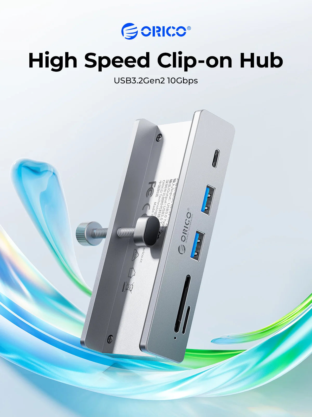 A silver clip-on USB 3.2 Gen 2 hub is shown, featuring multiple ports and a card reader, with blue light effects surrounding 