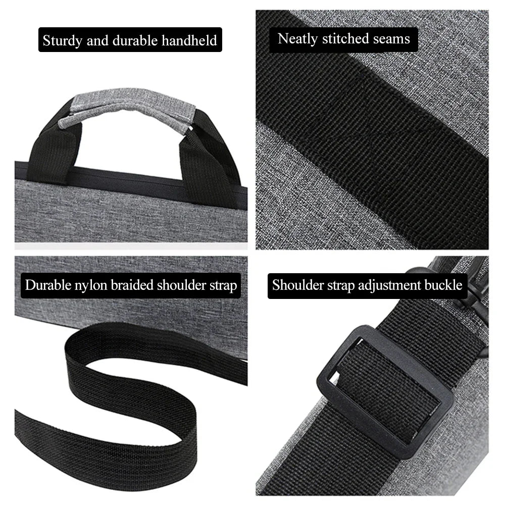 Close-up view of a sturdy gray laptop messenger bag featuring neatly stitched seams, a nylon braided shoulder strap, and an a