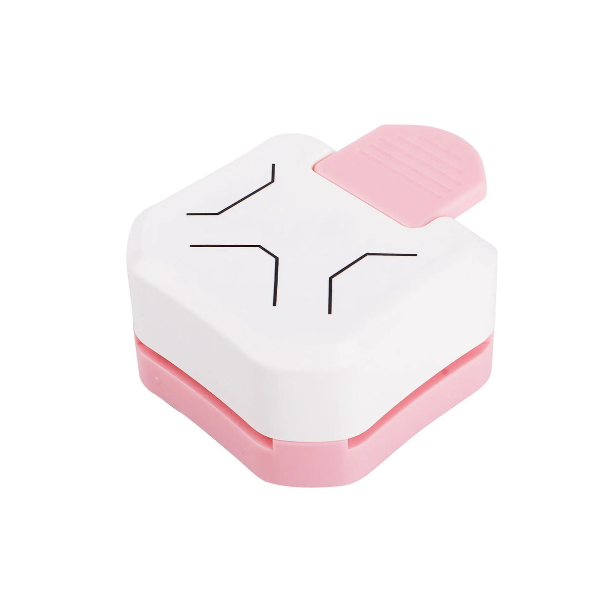 A white and pink 3-in-1 corner rounder punch tool for card making and scrapbooking.