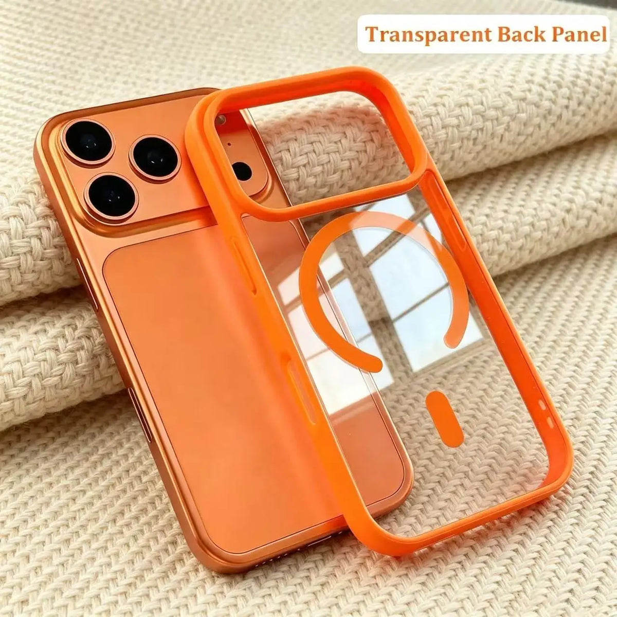 Orange transparent acrylic phone case with a clear back panel and orange frame resting on a beige fabric.