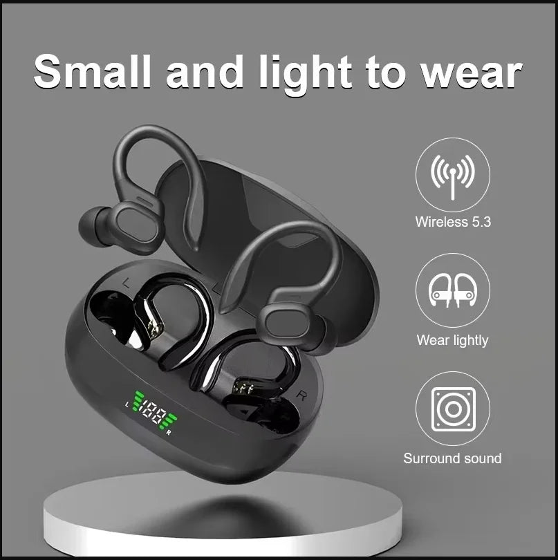 A pair of small, light-to-wear wireless Bluetooth earbuds with microphones displayed on a stand.