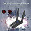 Black dual band omnidirectional antenna USB Wi-Fi adapter shown against a cracked background.