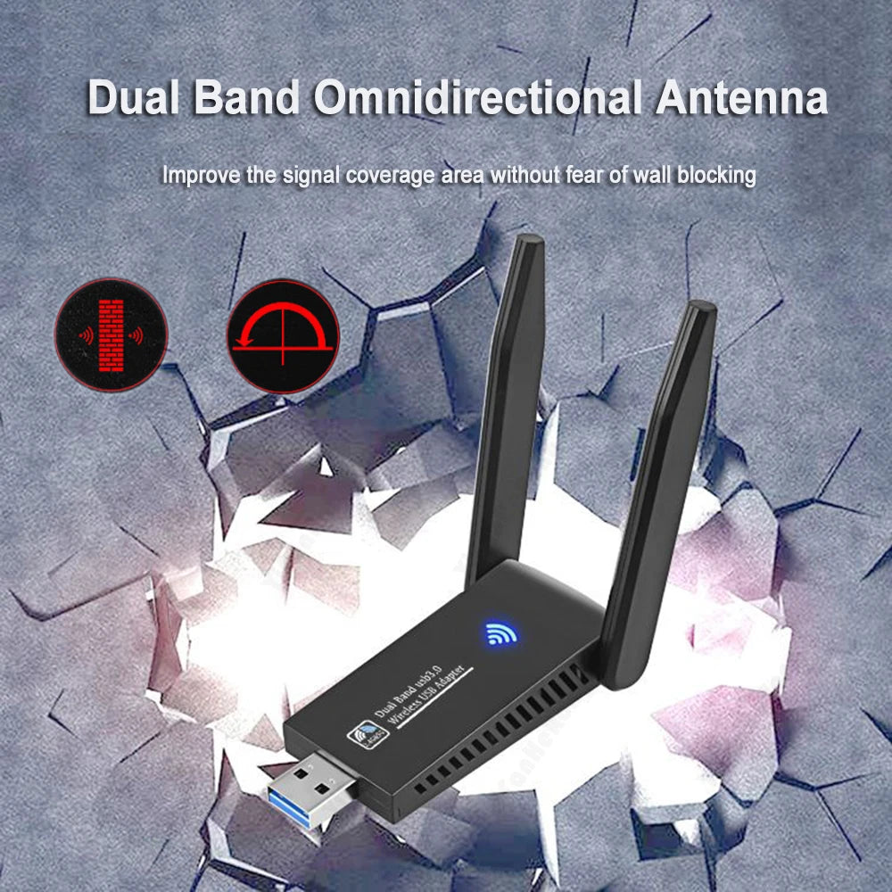 Black dual band omnidirectional antenna USB Wi-Fi adapter shown against a cracked background.