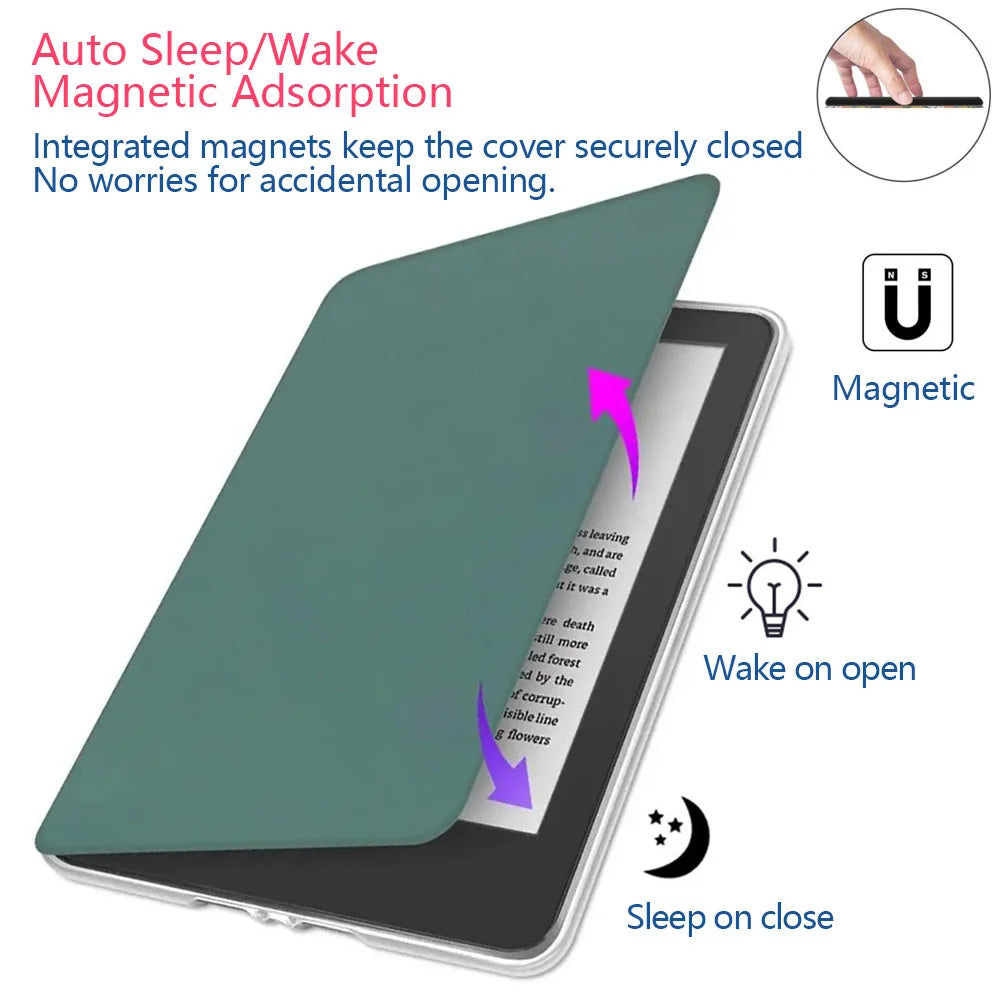 A green silicone magnetic cover for a Kindle e-reader showing options to wake on open or sleep on close.