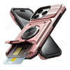 A pink magnetic ring kickstand phone case is shown with a credit card inserted.