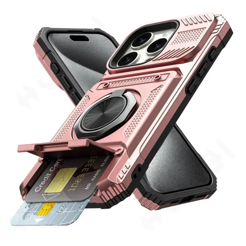 A pink magnetic ring kickstand phone case is shown with a credit card inserted.