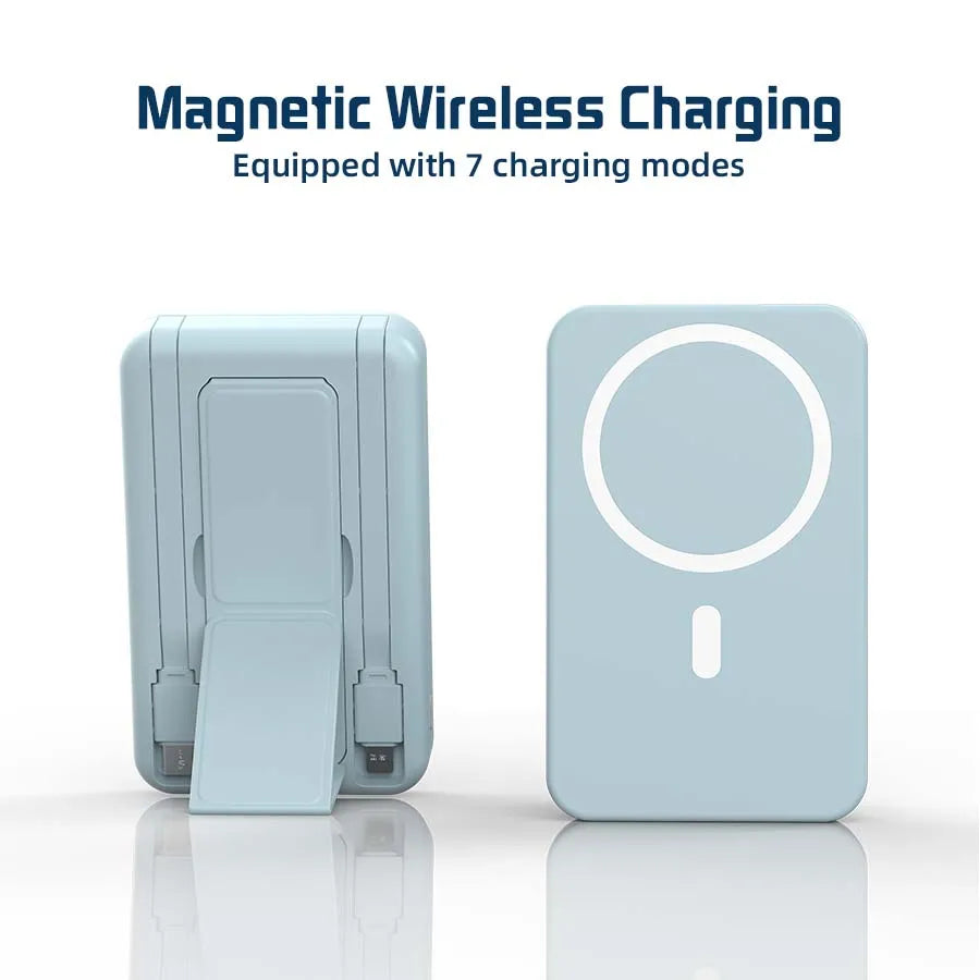 A light blue portable magnetic wireless charging power bank device.