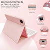 Pink Bluetooth keyboard case for iPad 10th Gen showing precise cutouts for speaker, buttons, and ports