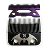 A set of professional cordless hair clipper blades, including a purple guard and a black precision blade.
