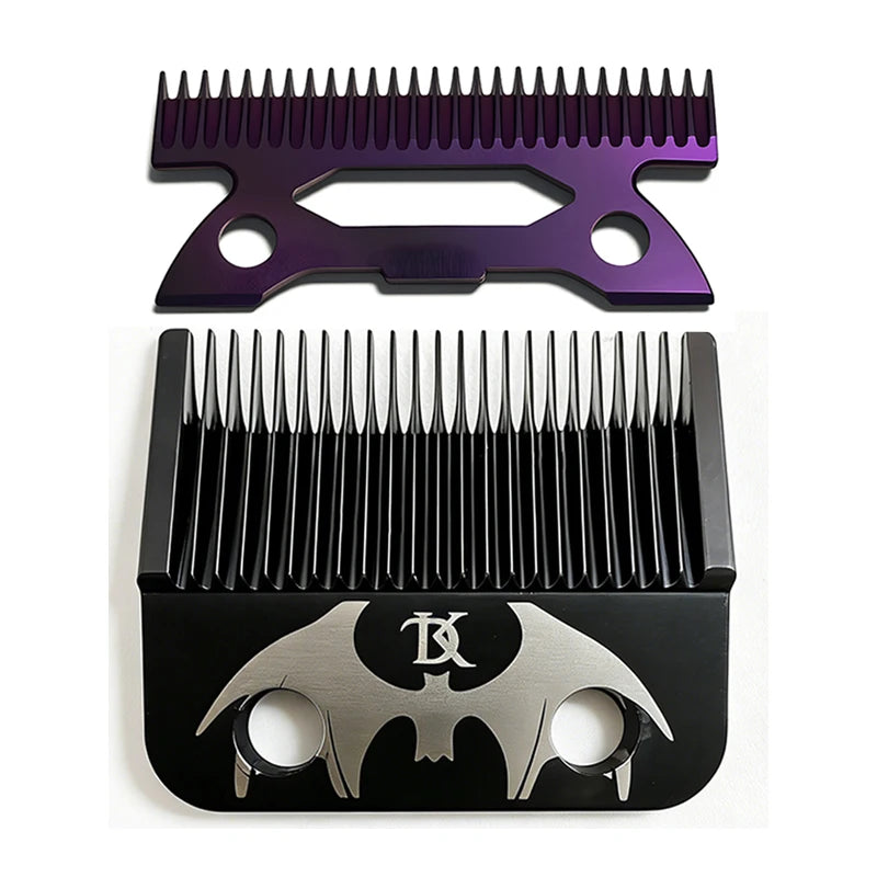 A set of professional cordless hair clipper blades, including a purple guard and a black precision blade.