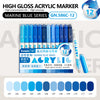 A set of 12 Marine Blue series high-gloss acrylic marker pens in various shades and colors.