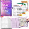 Lila Umschlag-Spar-Challenge-Set mit Tracker und Bargeld neben einem rosa Budget-Bindersystem.