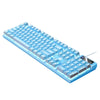 A blue wired USB mechanical keyboard with a light blue backlight shown from above.