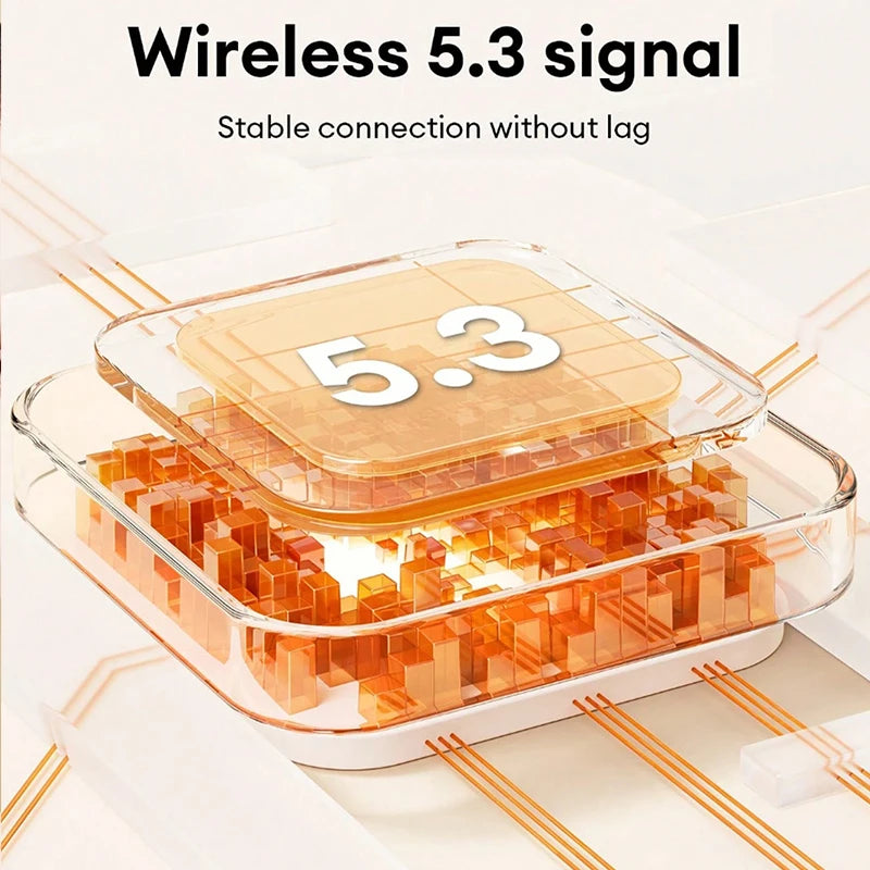 A transparent wireless earbud charging case with a visible 5.3 signal indicator on the top component.