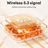 A transparent wireless earbud charging case with a visible 5.3 signal indicator on the top component.