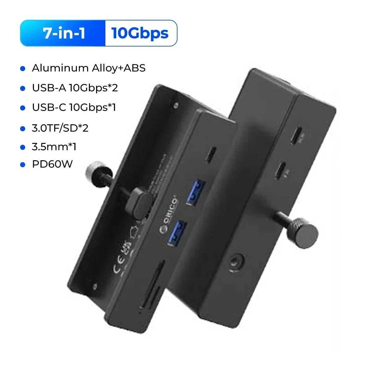 Black multi-port USB 3.0 hub with various connectors and a clip mount.
