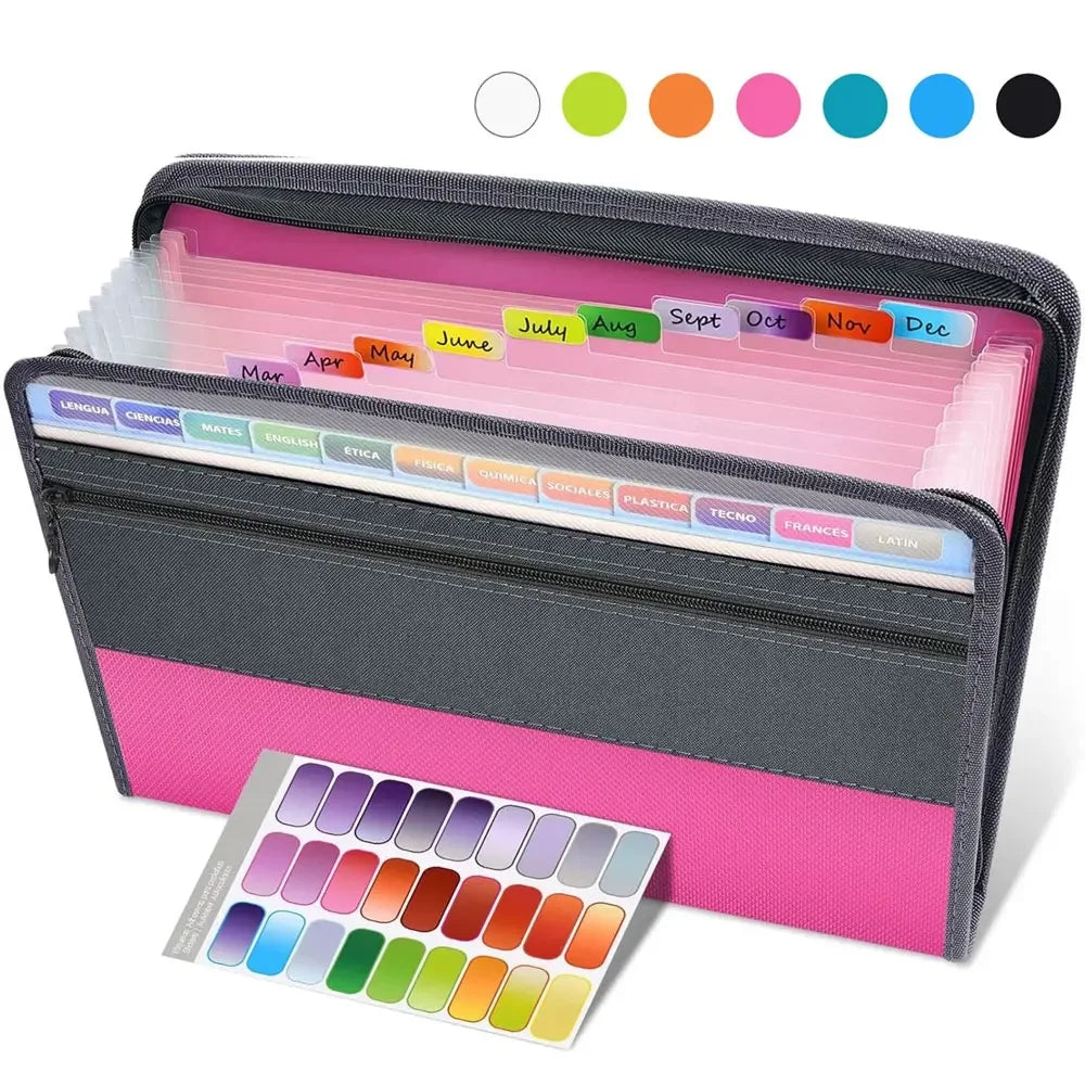 A black document folder with pink and purple pockets and a color palette shown below.