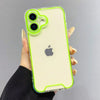 A hand holds a luminous neon clear phone case for an iPhone, showing the transparent back and green trim.