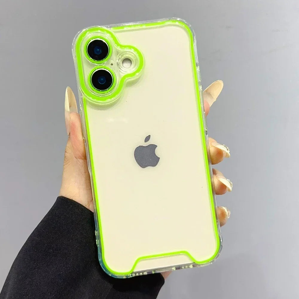 A hand holds a luminous neon clear phone case for an iPhone, showing the transparent back and green trim.