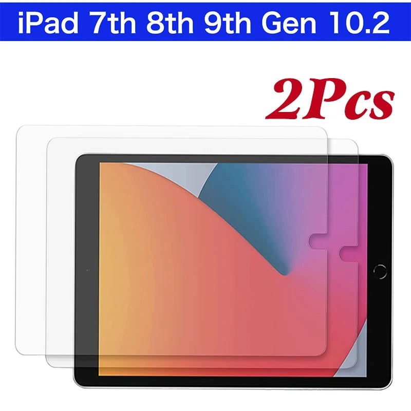 Two tempered glass screen protectors for iPad 7th, 8th, or 9th Gen models.