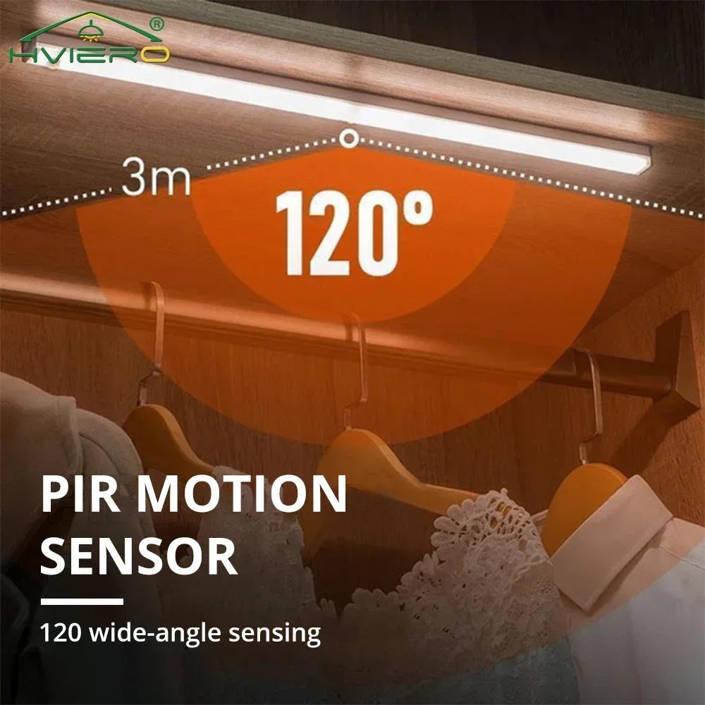 A close-up of a PIR motion sensor LED night light with a 120 degree wide-angle sensing feature installed in a wooden ceiling.