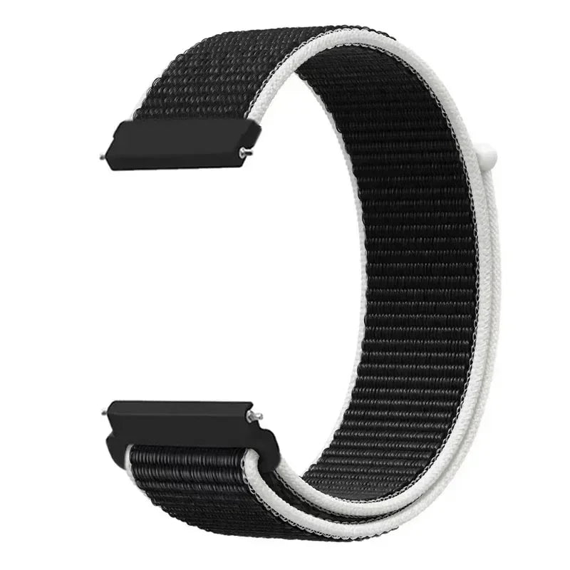 Black and white nylon loop watch strap for kids, featuring a textured band and adjustable buckle.