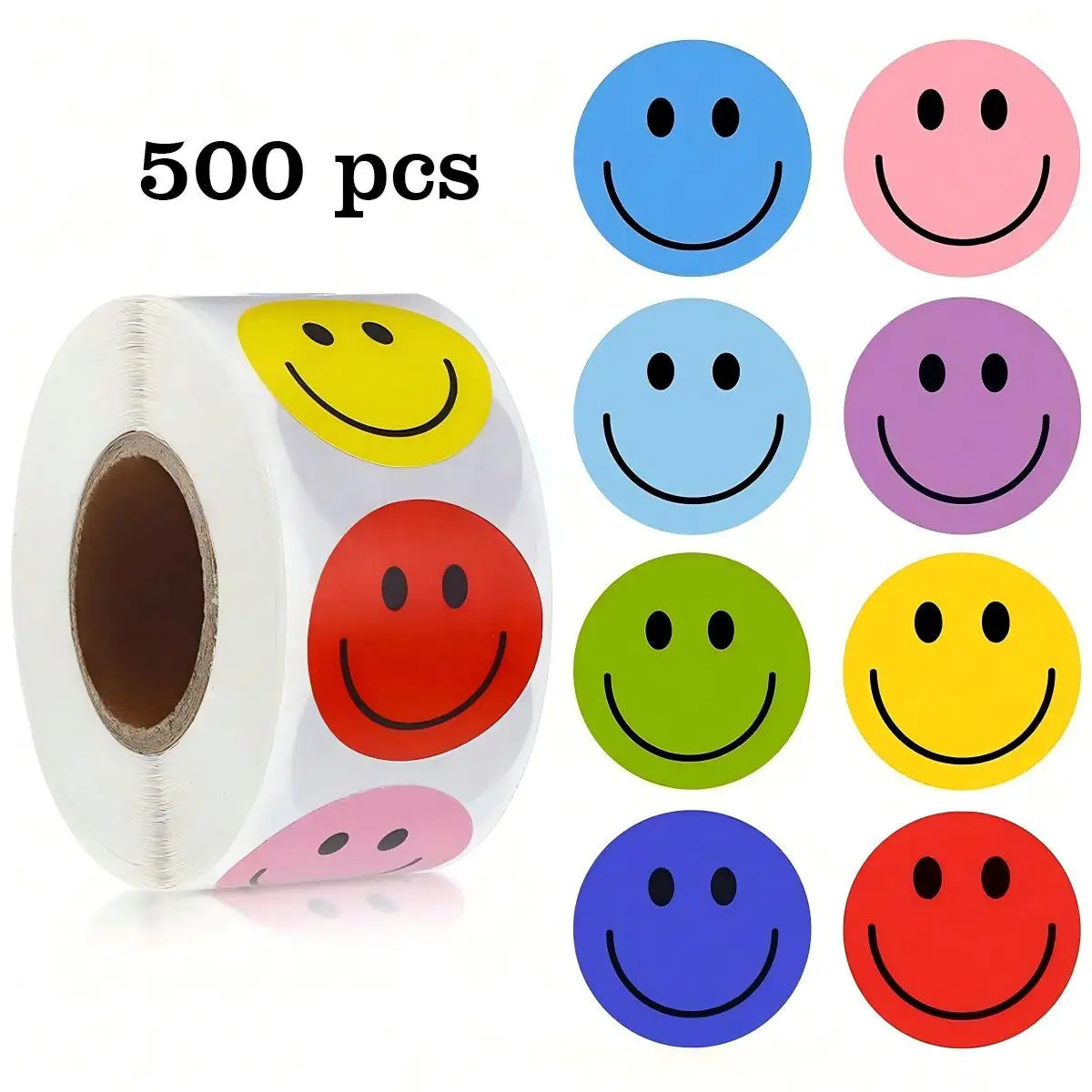 A roll of 500 smiling face paper stickers in various colors including blue, pink, and yellow.