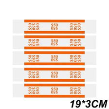 A set of orange self-sealing money straps for cash organization, packaged in a grid format.