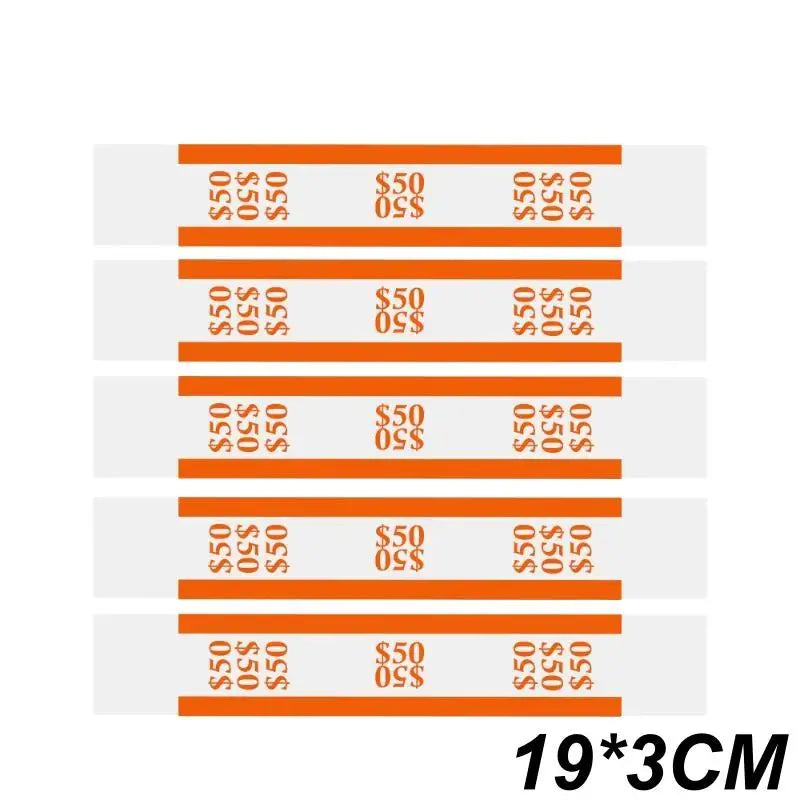 A set of orange self-sealing money straps for cash organization, packaged in a grid format.