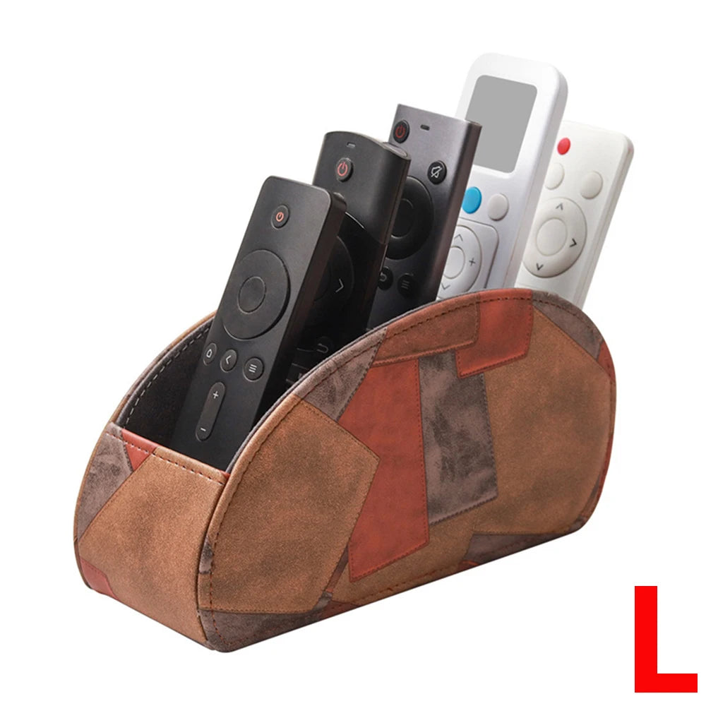 A PU leather remote control holder with five compartments is shown, containing a smartphone and a white remote.