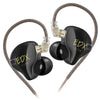 A pair of black KZ EDX Lite wired in-ear monitors with wooden cables and gold accents.