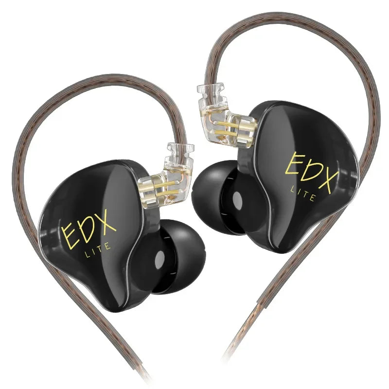 A pair of black KZ EDX Lite wired in-ear monitors with wooden cables and gold accents.