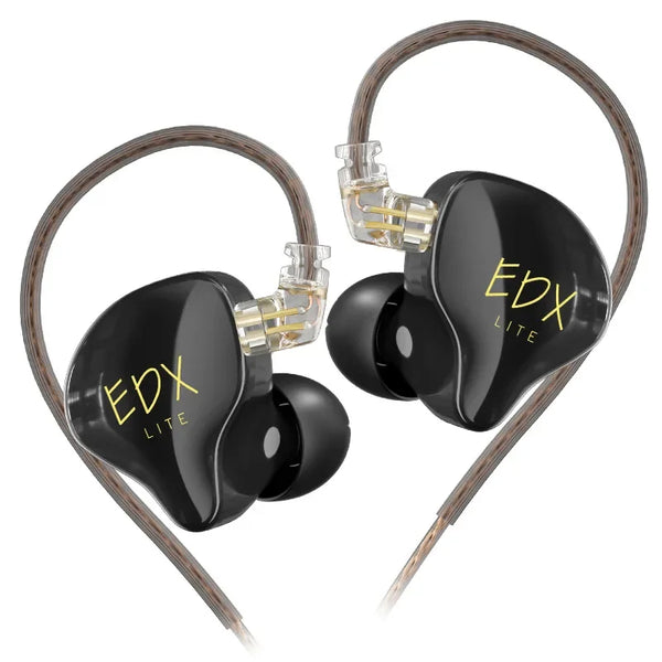 A pair of black KZ EDX Lite wired in-ear monitors with wooden cables and gold accents.
