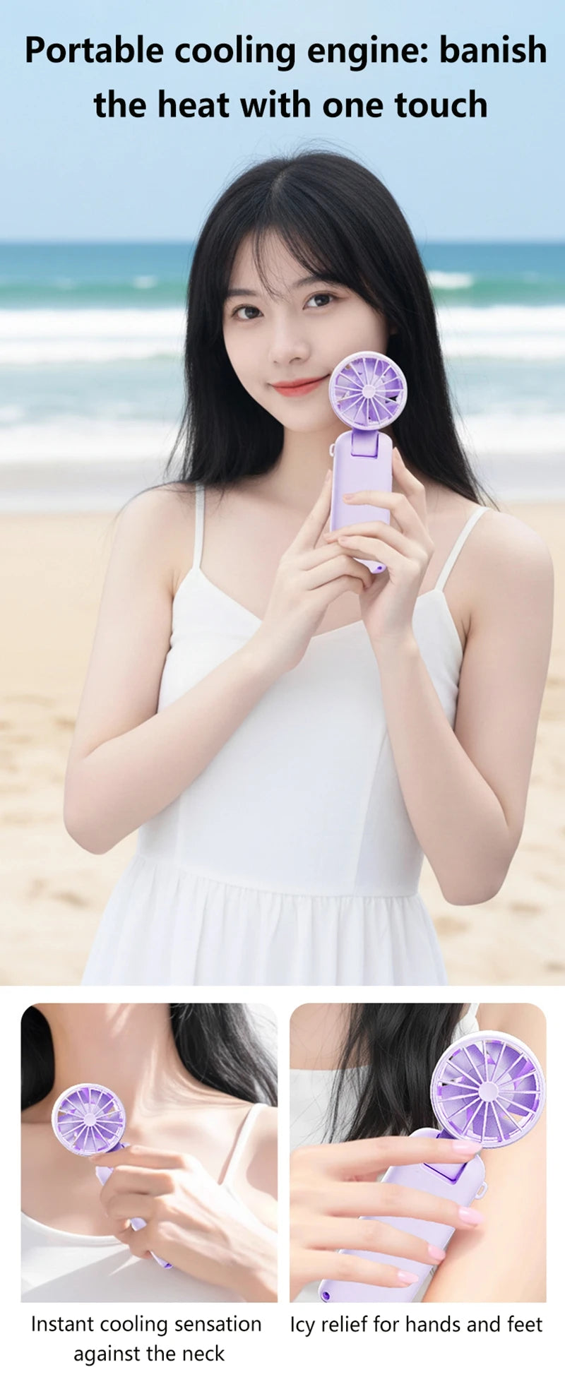 A woman holds a purple portable cooling engine fan near her neck, demonstrating instant cooling sensation.