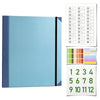 A light blue expanding accordion document organizer file folder with a black stripe and accompanying color-coded index sheets