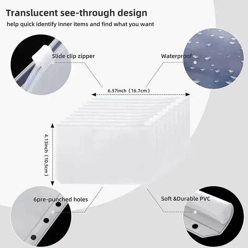 A translucent see-through design planner with a slide clip zipper and 6 pre-punched holes.