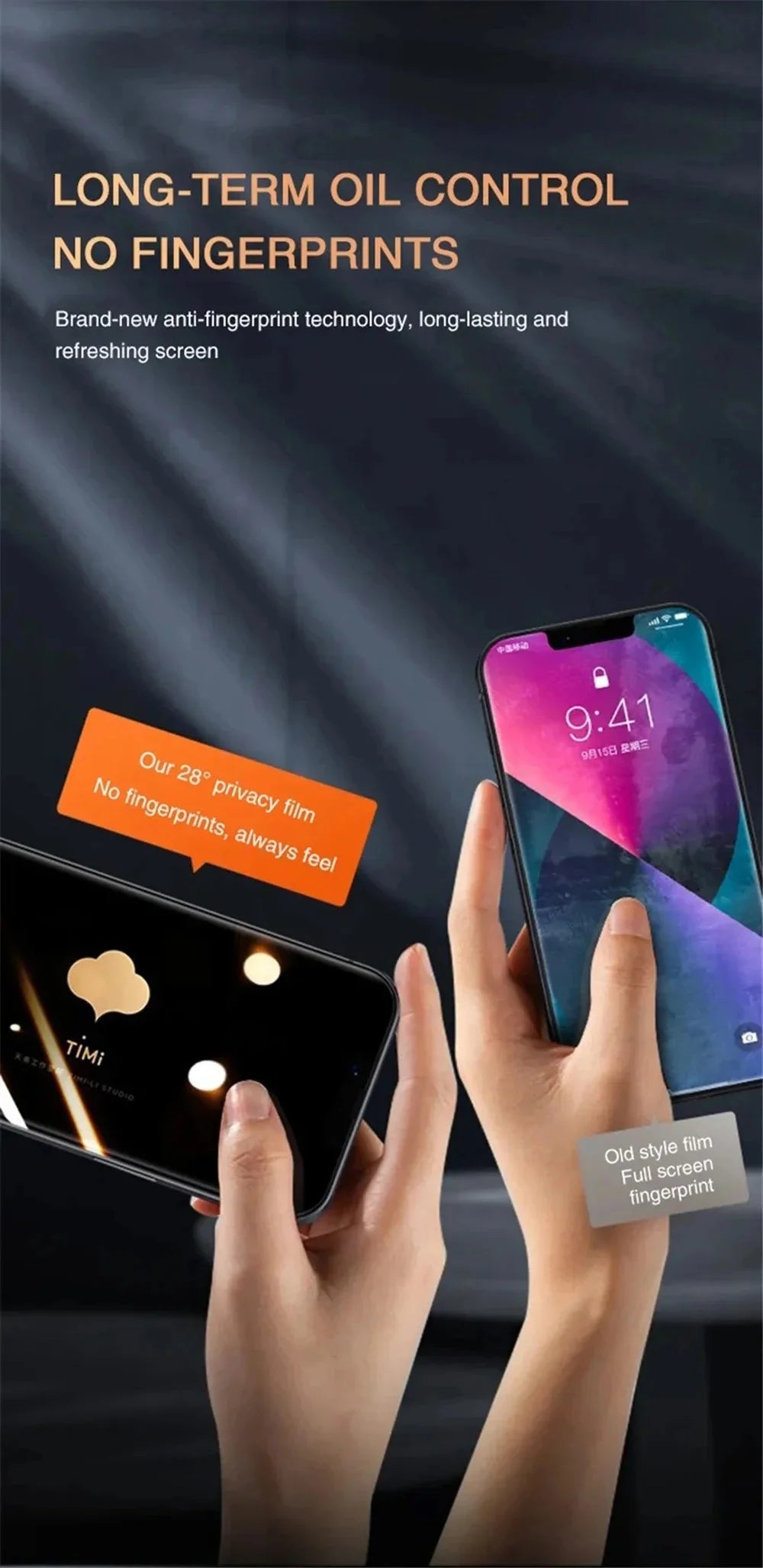 A hand holds a smartphone displaying a screen protector film for long-term oil control and fingerprint resistance.