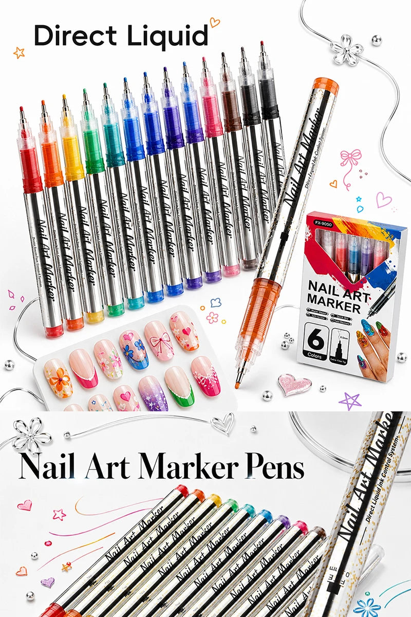 A set of Nail Art Marker Pens with fine 0.5mm tips and various colors displayed on a white background.