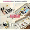 Versatile drawer organizer set featuring clear acrylic compartments for cosmetics, office supplies, bathroom items, and kitch