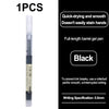 A black full-length gel pen is shown with specifications for quick-drying and smooth writing.