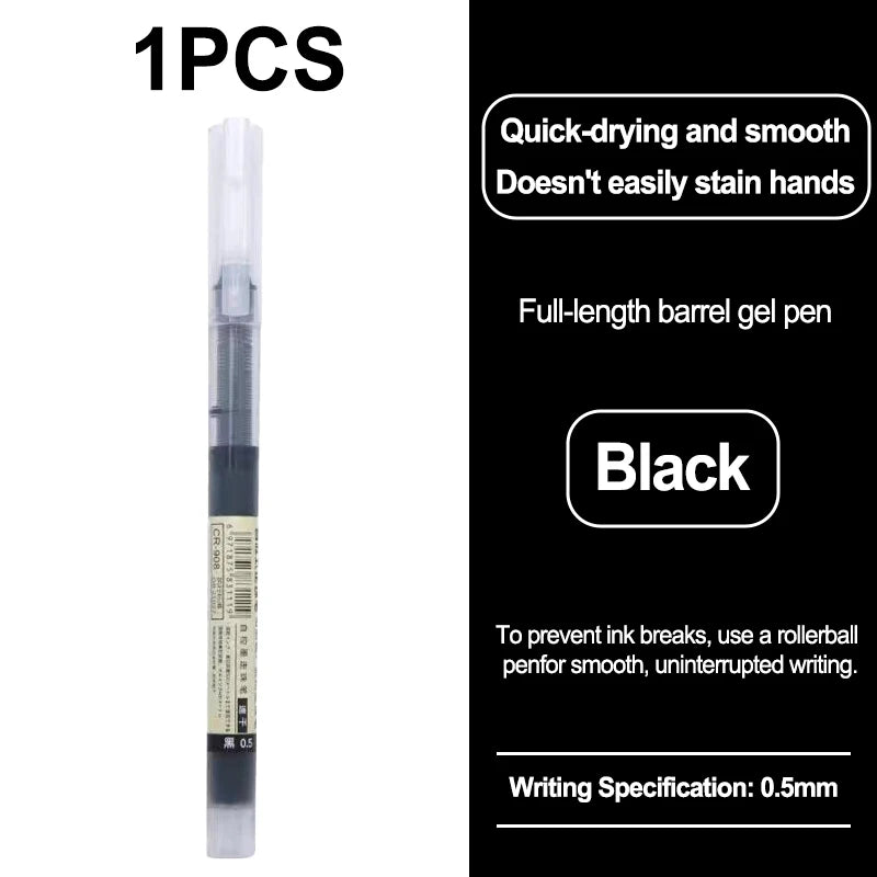 A black full-length gel pen is shown with specifications for quick-drying and smooth writing.