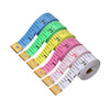 A collection of colorful soft flexible measuring tapes in blue, green, yellow, and pink, shown diagonally.