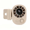 A beige portable mini fan with a clip and a circular grille featuring a percentage display and an adjustable dial.