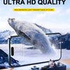 A smartphone displaying a clear screen protector, emphasizing crystal clear ultra HD quality and high light transmittance.