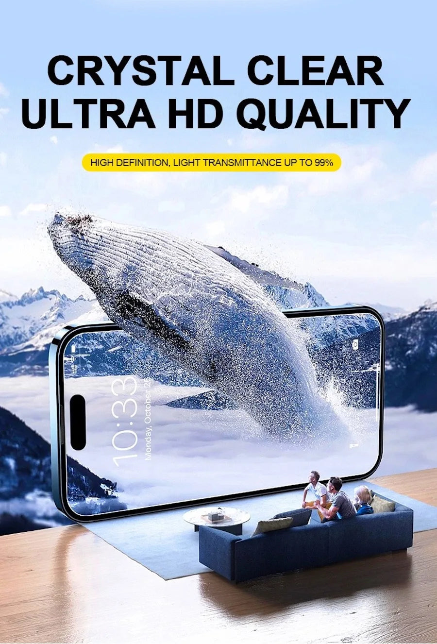 A smartphone displaying a clear screen protector, emphasizing crystal clear ultra HD quality and high light transmittance.