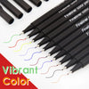 A set of black fine line marker pens with various colored tips, demonstrating vibrant color options.